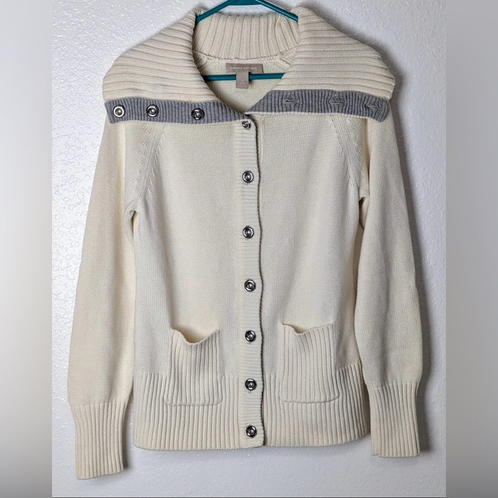 Banana Republic 100% Cotton Cream and Gray Collared Cardigan Sweater Size Small